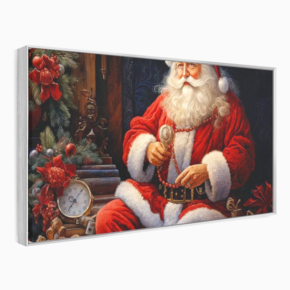 Tablou canvas cu mos craciun cu haina rosie, in rama de aluminiu argintiu