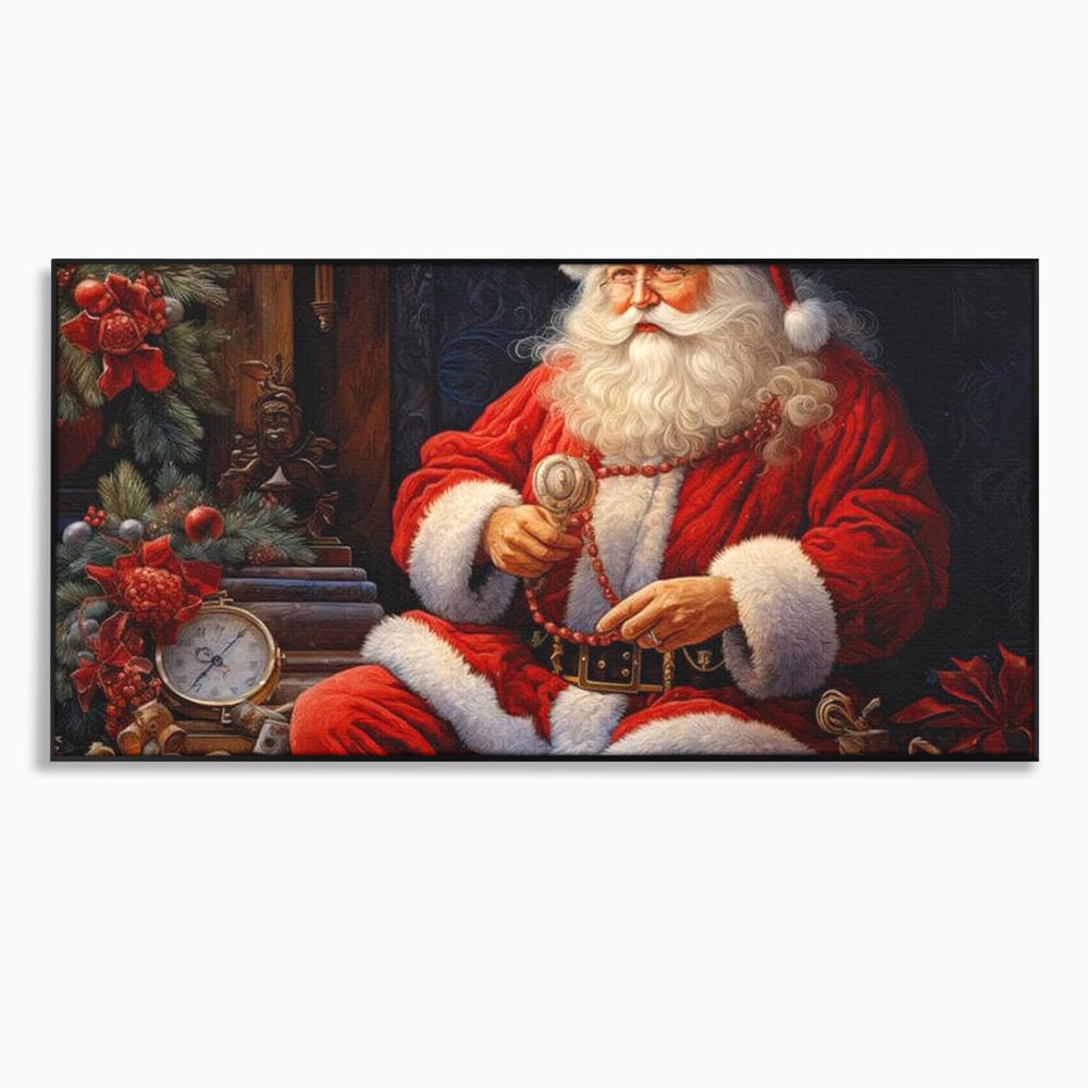 Tablou canvas cu mos craciun cu haina rosie, in rama de aluminiu negru