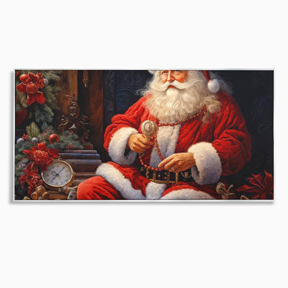 Tablou canvas cu mos craciun cu haina rosie, in rama de aluminiu argintiu