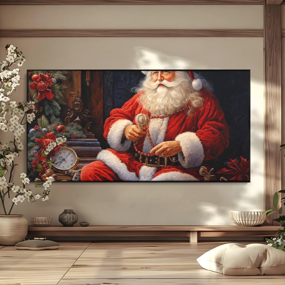 Tablou canvas cu mos craciun cu haina rosie, in rama de aluminiu negru