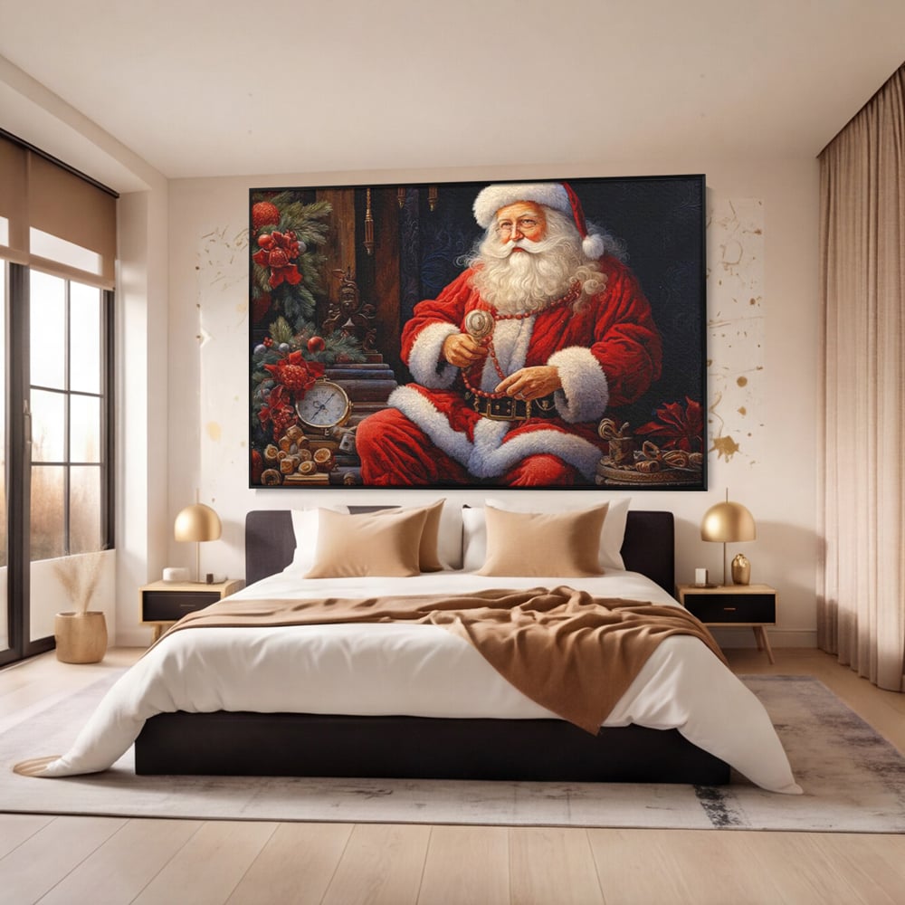 Tablou canvas cu mos craciun cu haina rosie, in rama de aluminiu negru, pe perete intr-un dormitor