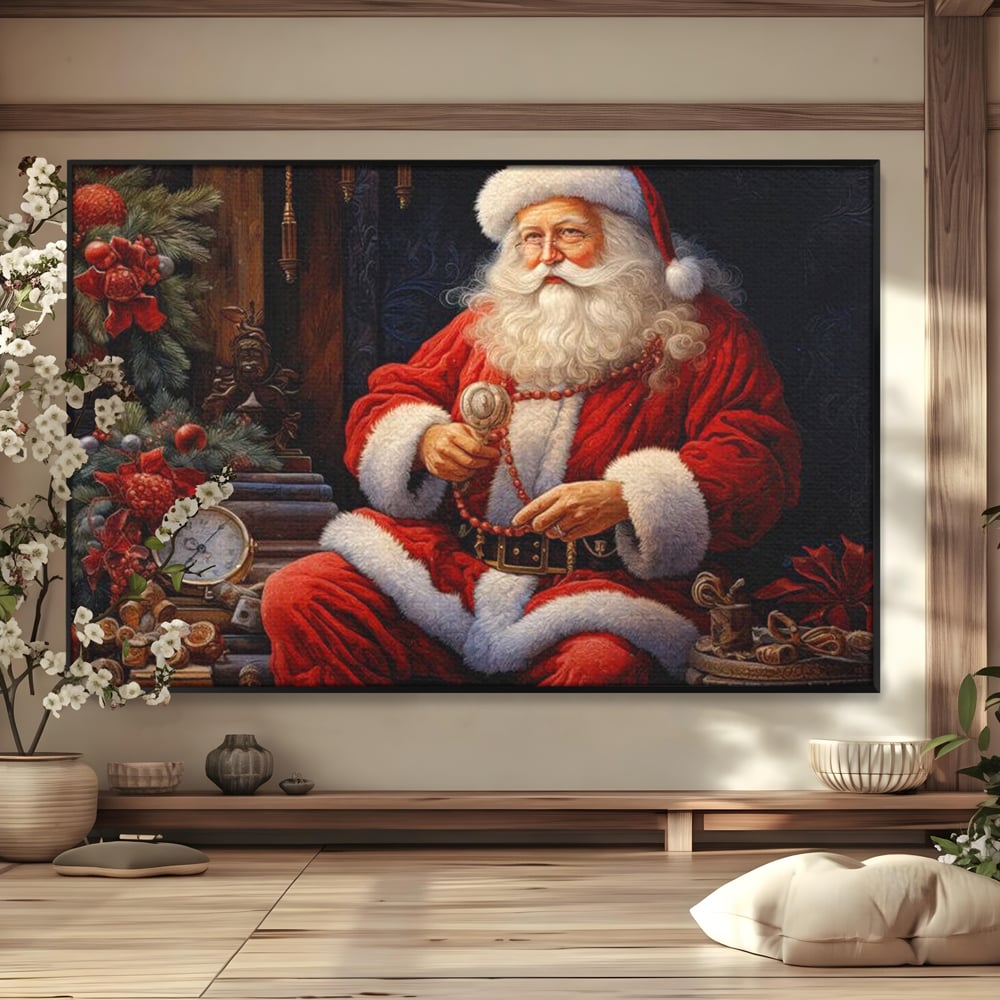 Tablou canvas cu mos craciun cu haina rosie, in rama de aluminiu negru