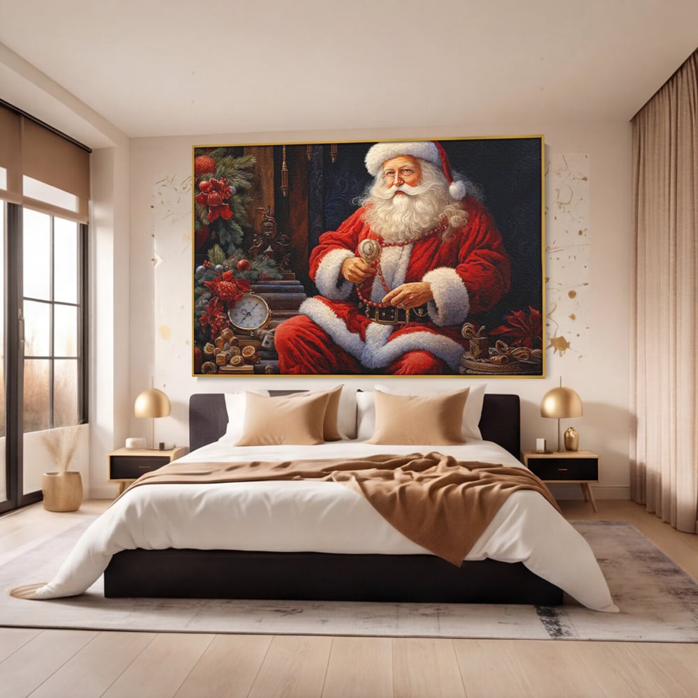 Tablou canvas cu mos craciun cu haina rosie, in rama de aluminiu auriu, pe perete intr-un dormitor