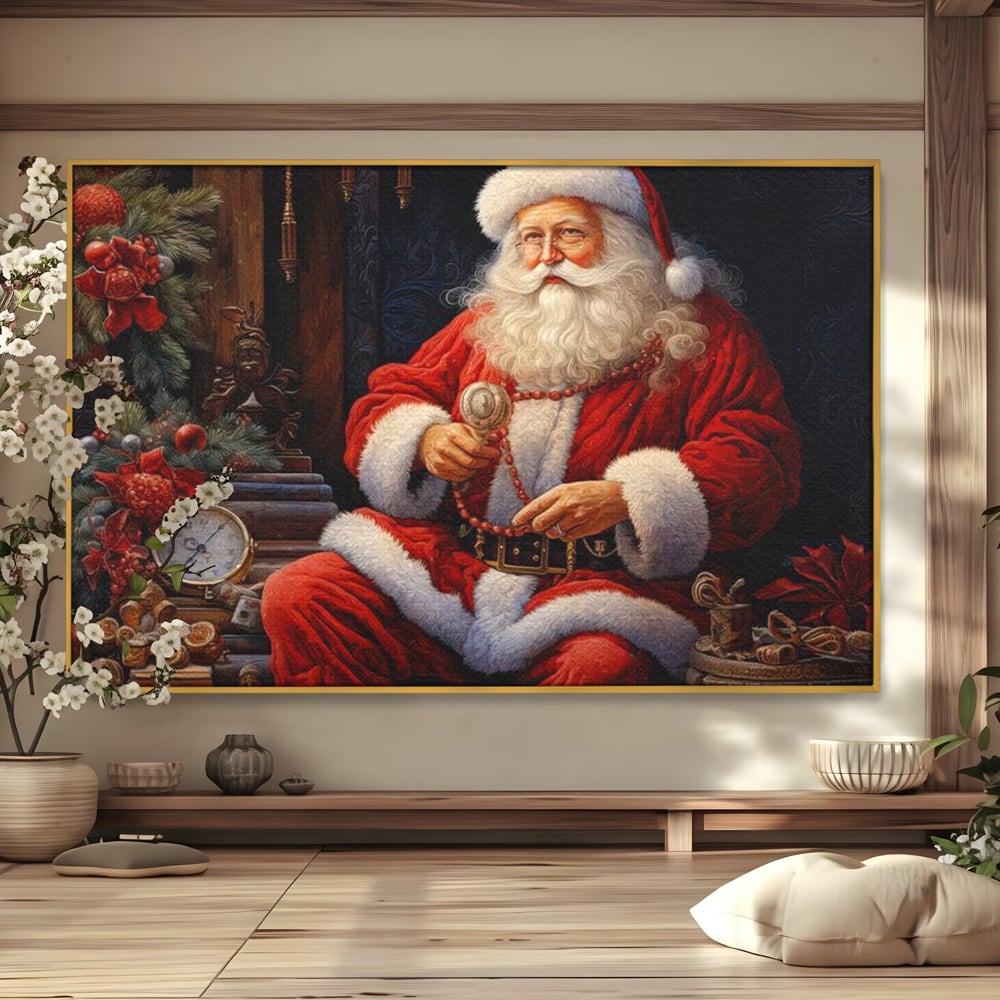 Tablou canvas cu mos craciun cu haina rosie, in rama de aluminiu auriu