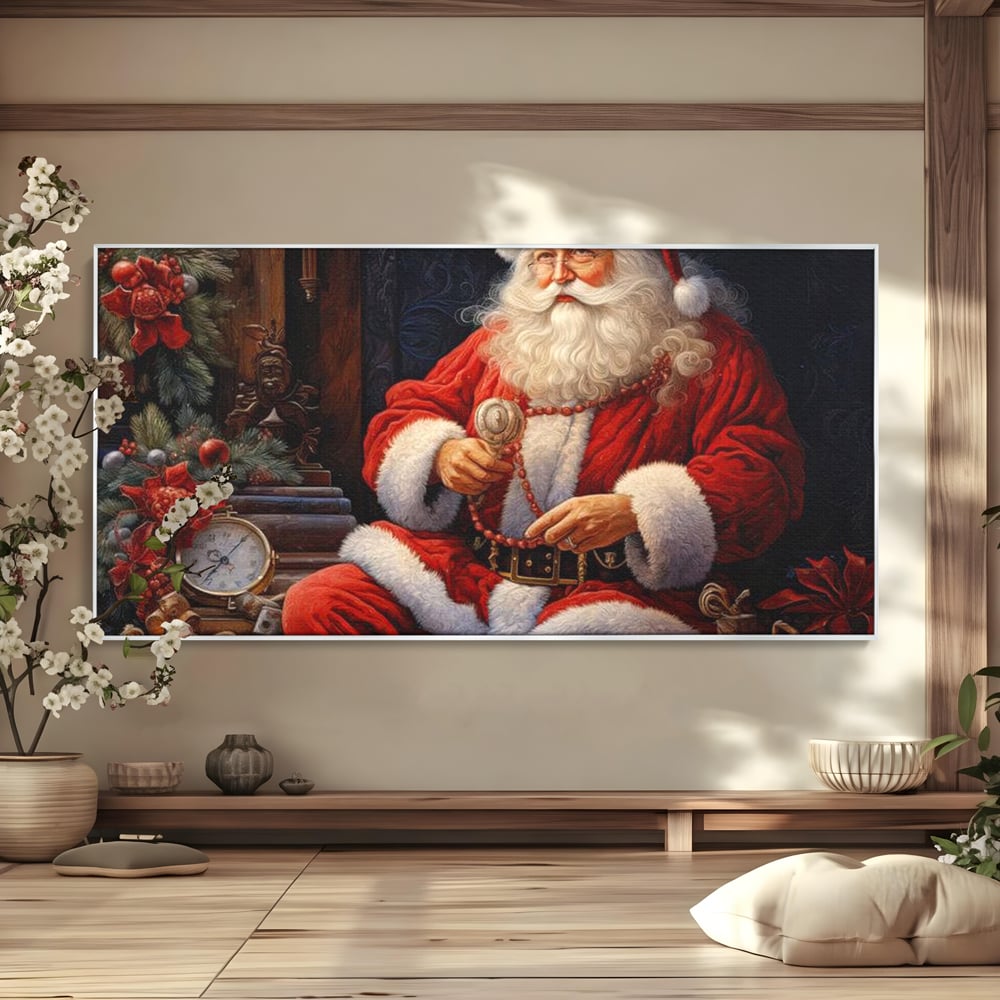 Tablou canvas cu mos craciun cu haina rosie, in rama de aluminiu argintiu