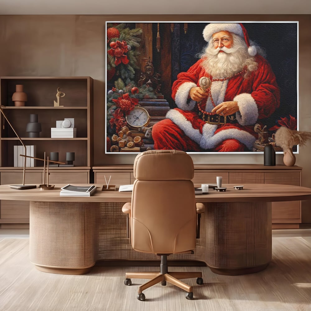 Tablou canvas cu mos craciun cu haina rosie, in rama de aluminiu argintiu, pe perete intr-un birou
