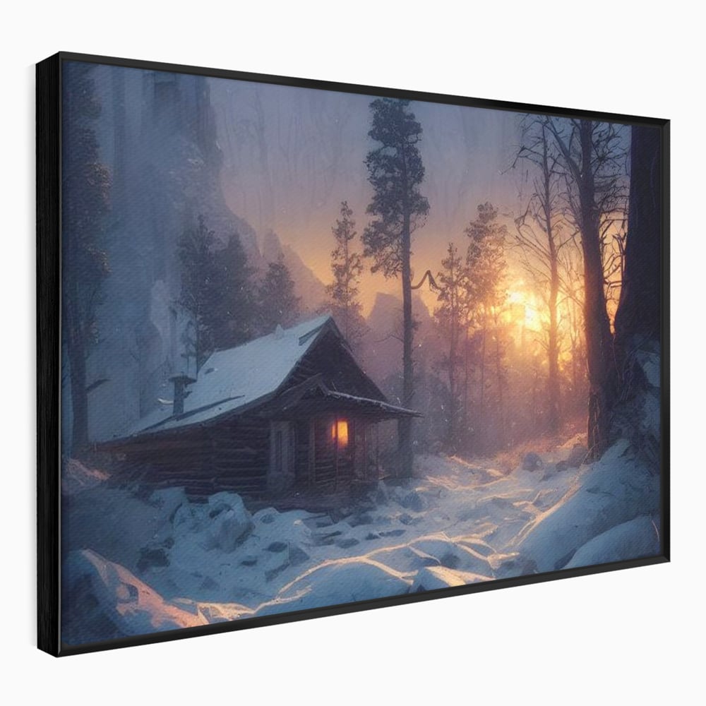 Tablou canvas cu tablou canvas cu cabana inzapezita, in rama de aluminiu negru