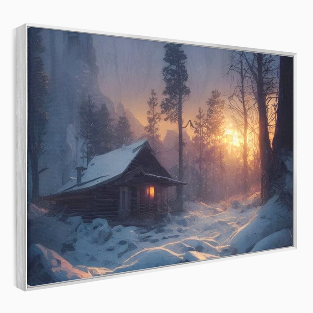 Tablou canvas cu tablou canvas cu cabana inzapezita, in rama de aluminiu argintiu