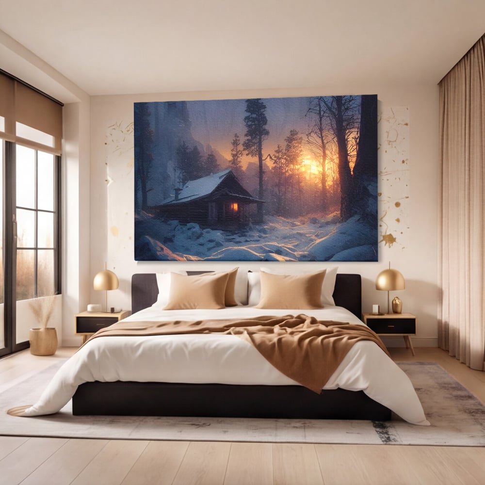Tablou canvas cu tablou canvas cu cabana inzapezita, fara rama, pe sasiu de lemn, pe perete intr-un dormitor