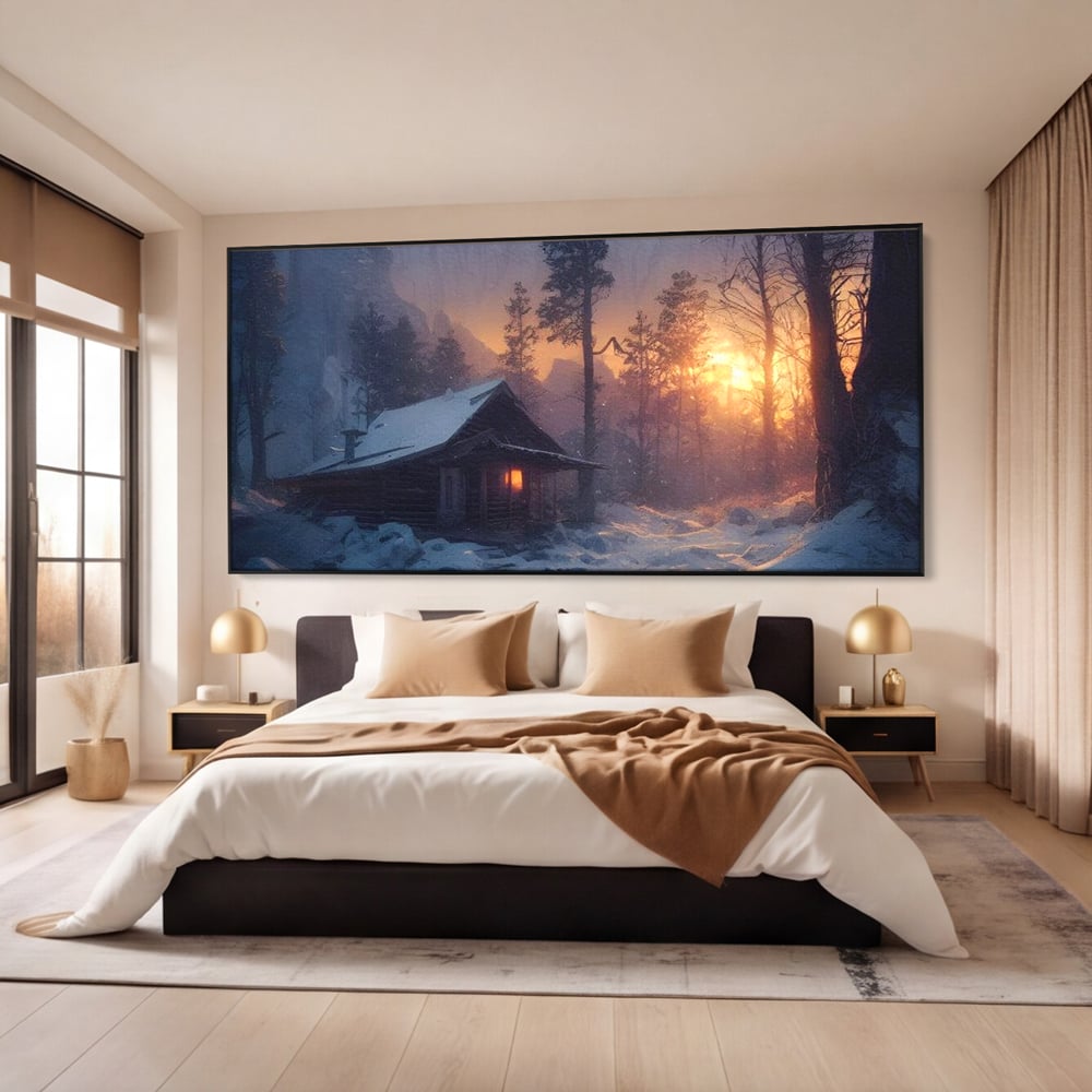 Tablou canvas cu tablou canvas cu cabana inzapezita, in rama de aluminiu negru, pe perete intr-un dormitor
