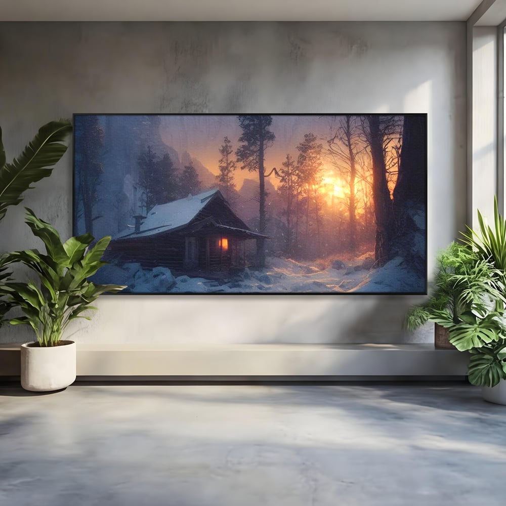 Tablou canvas cu tablou canvas cu cabana inzapezita, in rama de aluminiu negru