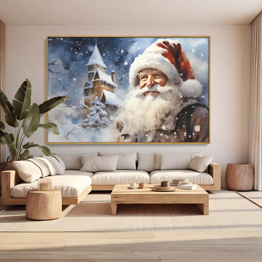 Tablou canvas cu tablou canvas cu mos craciun, in rama de aluminiu auriu, pe perete intr-un living