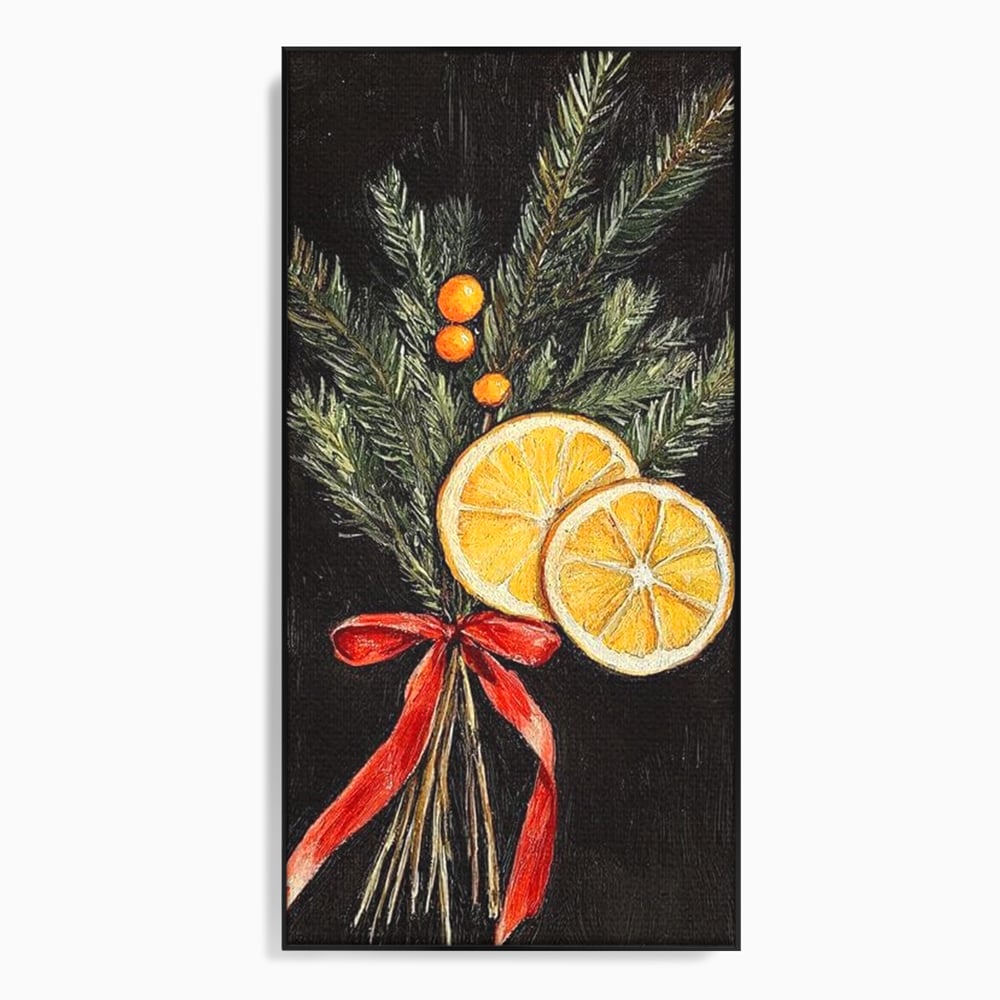 Tablou canvas cu pictura ramuri de brad si portocale, in rama de aluminiu negru
