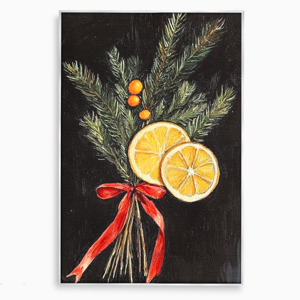 Tablou canvas cu pictura ramuri de brad si portocale, in rama de aluminiu argintiu
