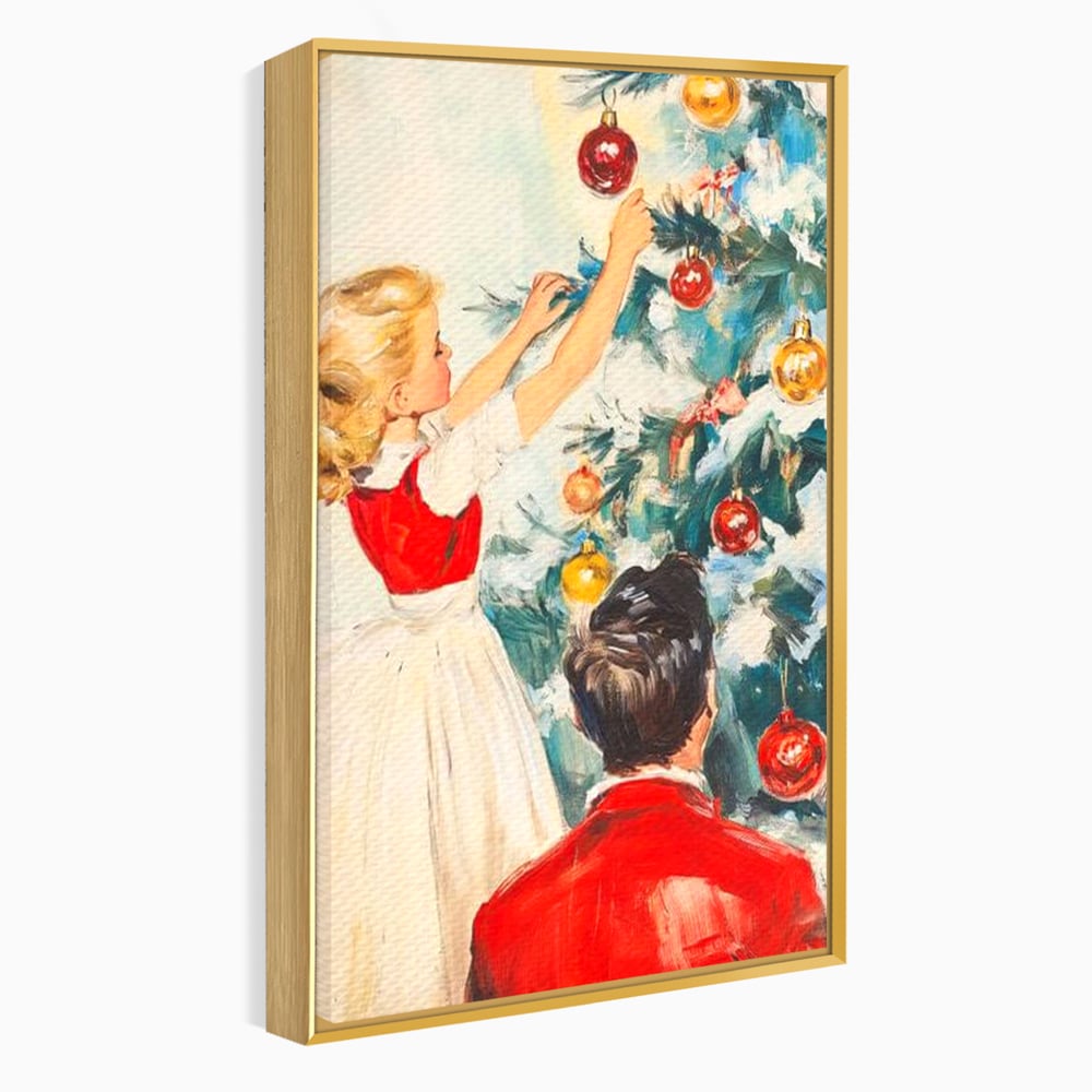 Tablou canvas cu pictura cu fetita impodobind bradul, in rama de aluminiu auriu