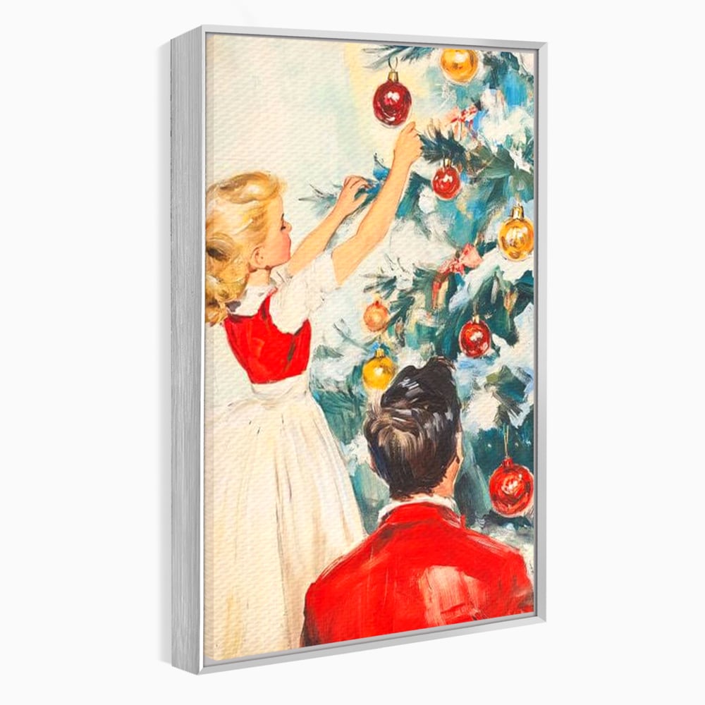 Tablou canvas cu pictura cu fetita impodobind bradul, in rama de aluminiu argintiu