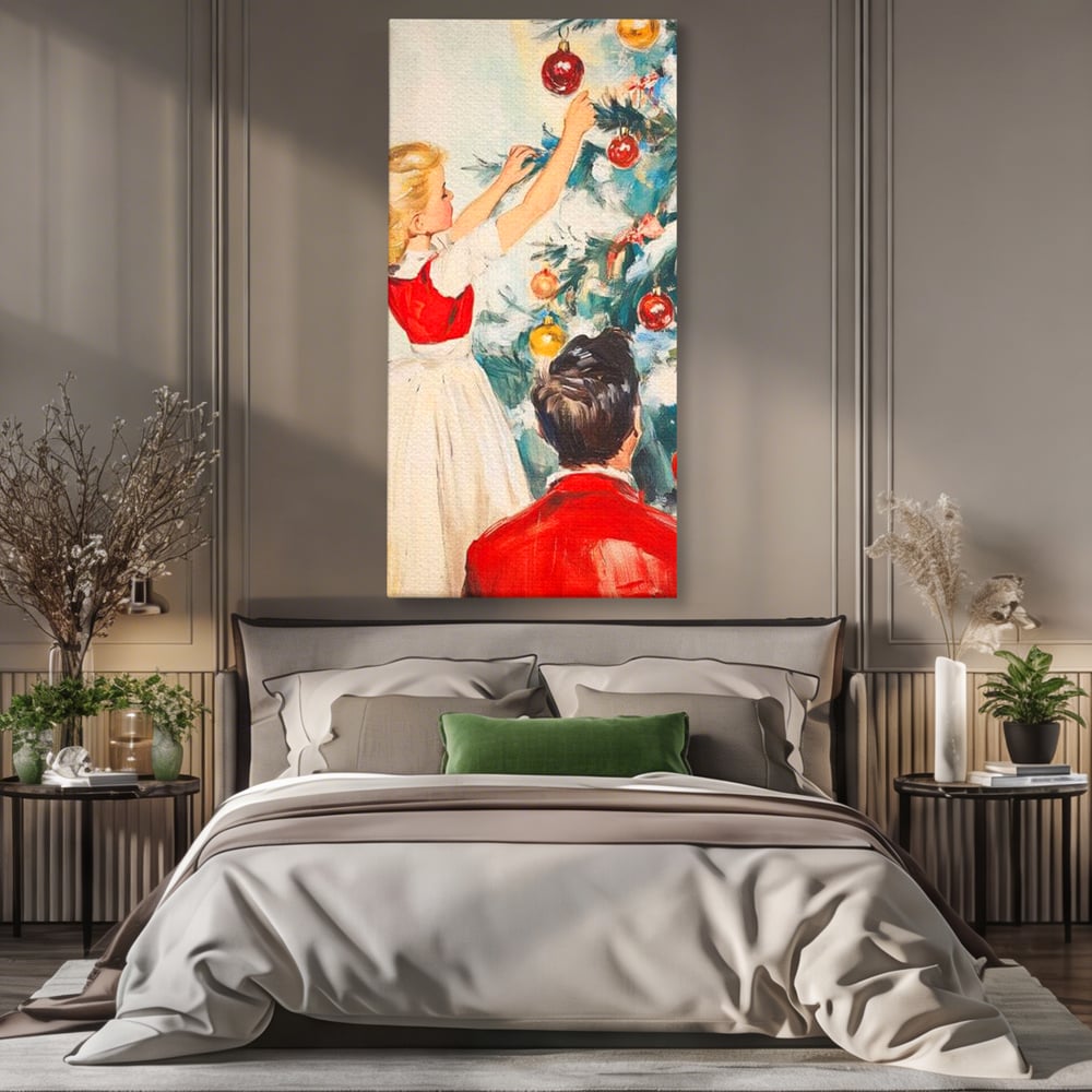 Tablou canvas cu pictura cu fetita impodobind bradul, fara rama, pe sasiu de lemn, pe perete intr-un dormitor