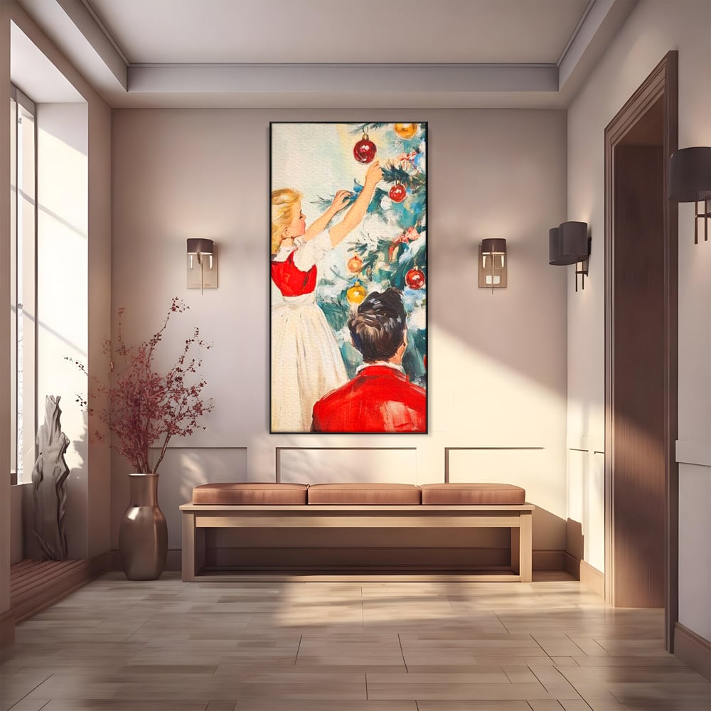 Tablou canvas cu pictura cu fetita impodobind bradul, in rama de aluminiu negru