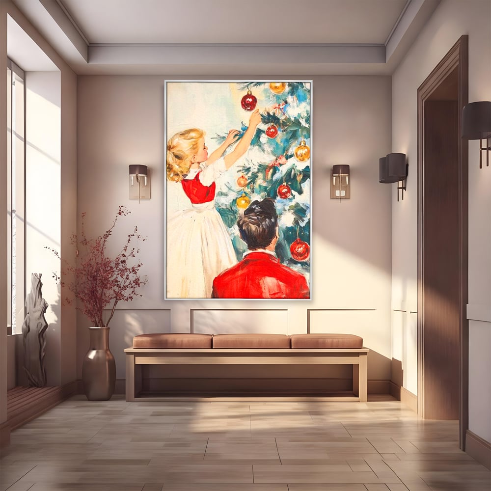 Tablou canvas cu pictura cu fetita impodobind bradul, in rama de aluminiu argintiu
