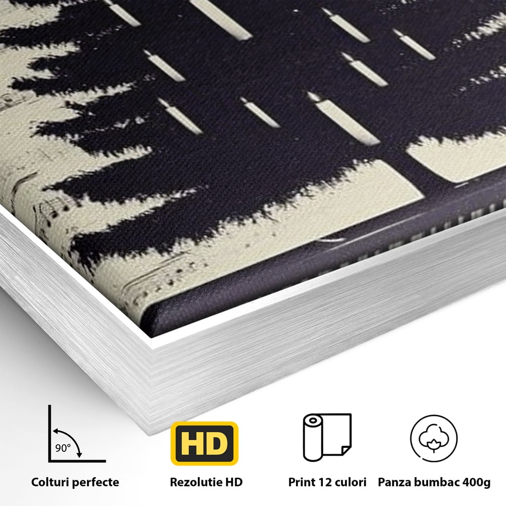 Detaliu al suprafetei: tablou canvas cu brad din clape de pian, in rama de aluminiu argintiu