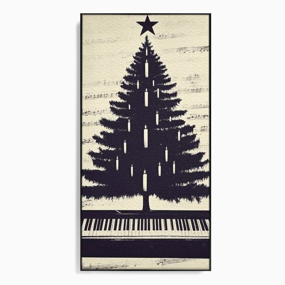 Tablou canvas cu tablou canvas cu brad din clape de pian, in rama de aluminiu negru