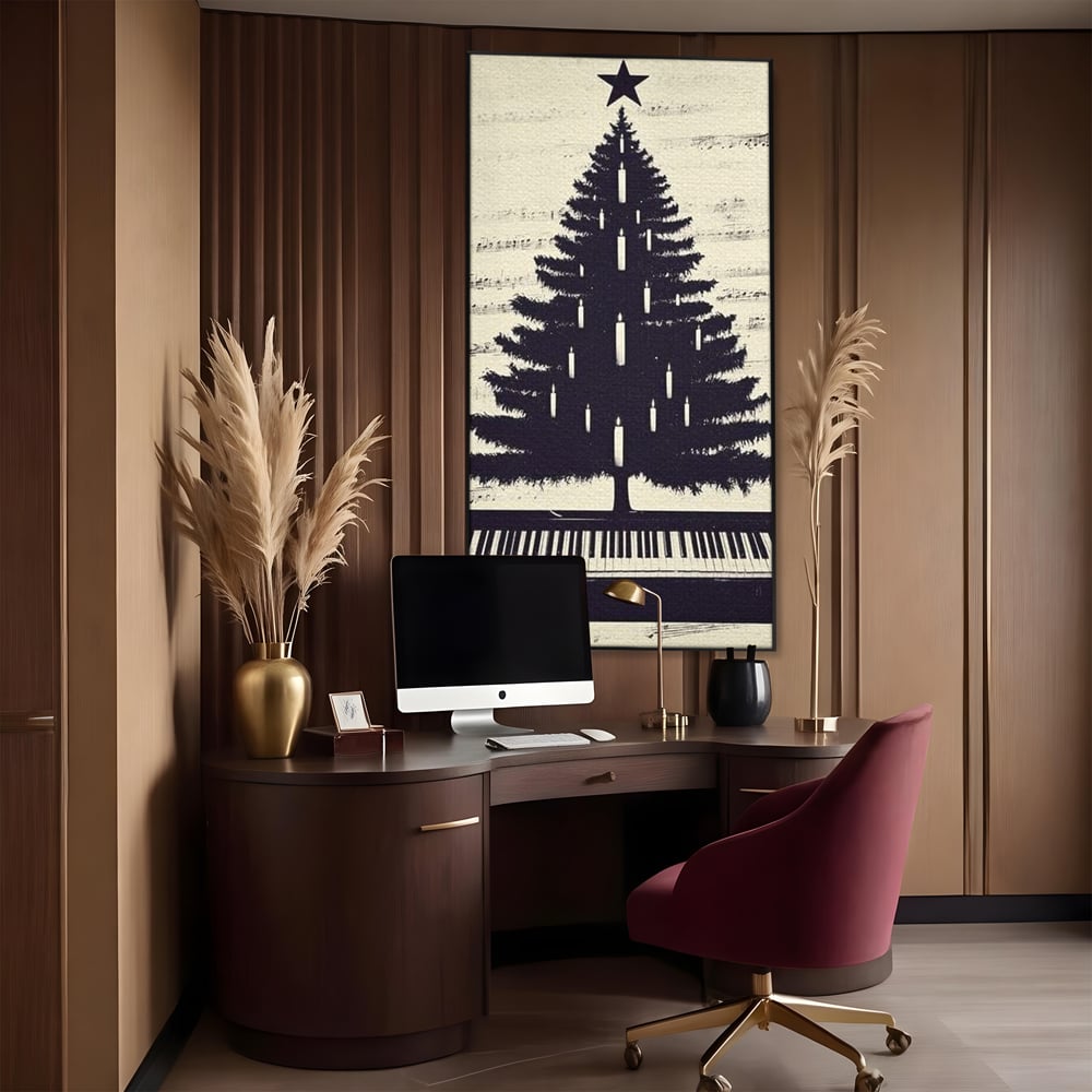 Tablou canvas cu tablou canvas cu brad din clape de pian, in rama de aluminiu negru, pe perete intr-un birou
