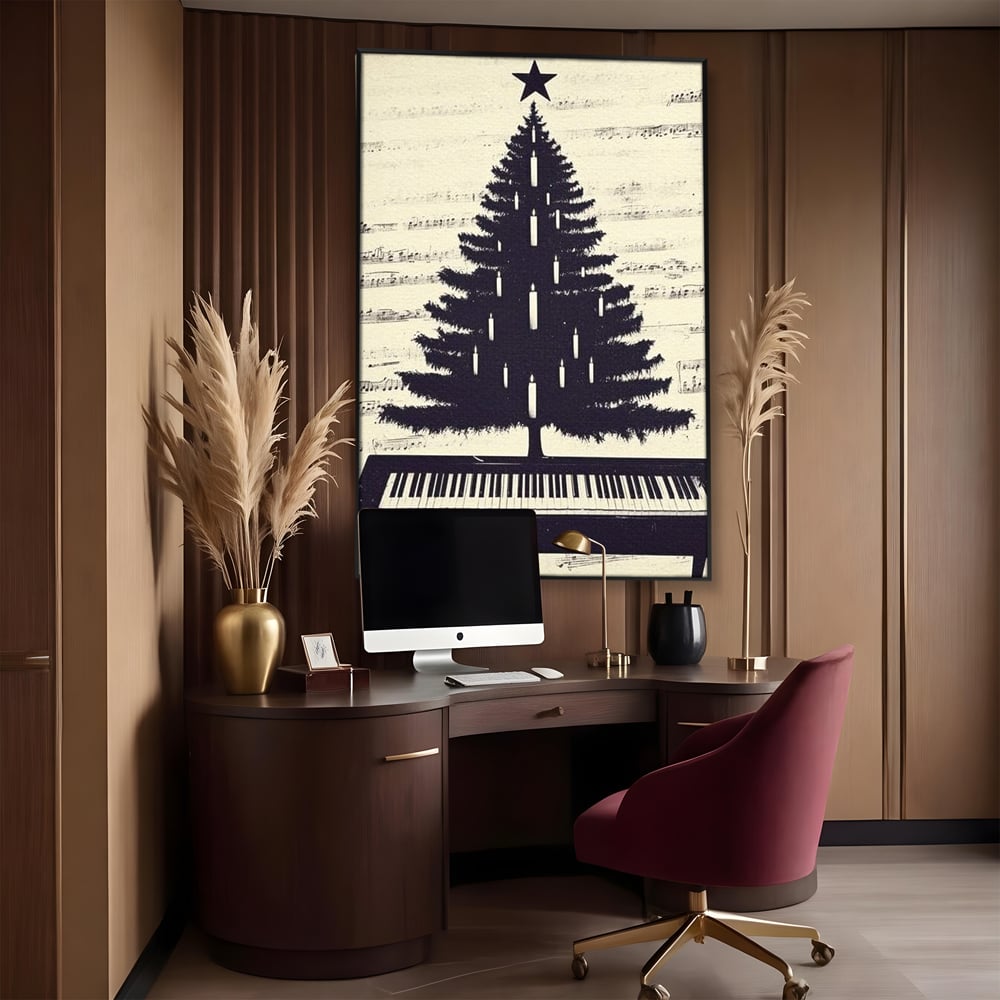 Tablou canvas cu tablou canvas cu brad din clape de pian, in rama de aluminiu negru, pe perete intr-un birou