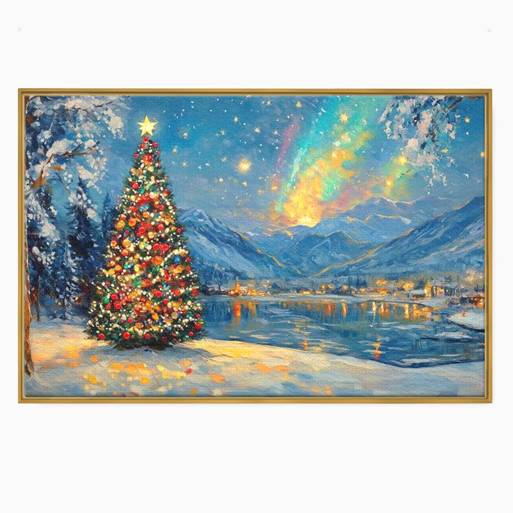 Tablou canvas cu pictura cu brad de craciun pe malul lacului, in rama de aluminiu auriu