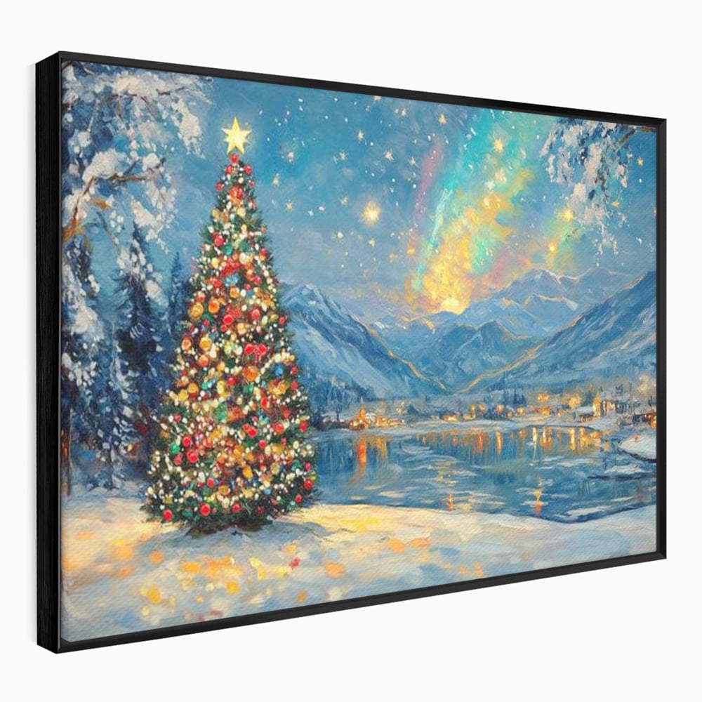 Tablou canvas cu pictura cu brad de craciun pe malul lacului, in rama de aluminiu negru