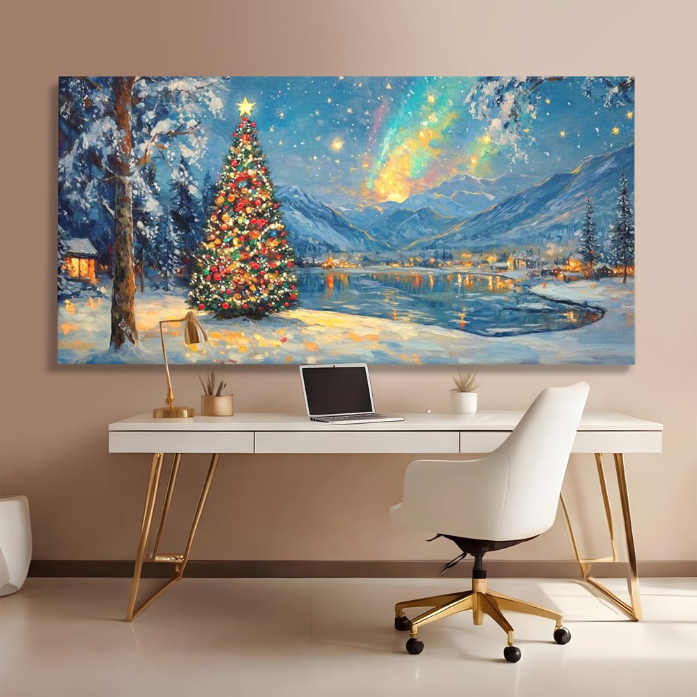 Tablou canvas cu pictura cu brad de craciun pe malul lacului, fara rama, pe sasiu de lemn, pe perete intr-un birou