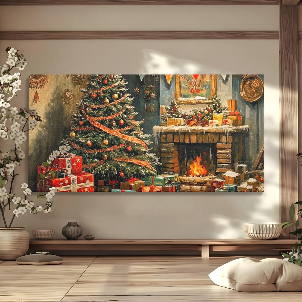 Tablou canvas cu pictura cu brad de craciun si semineu, fara rama, pe sasiu de lemn