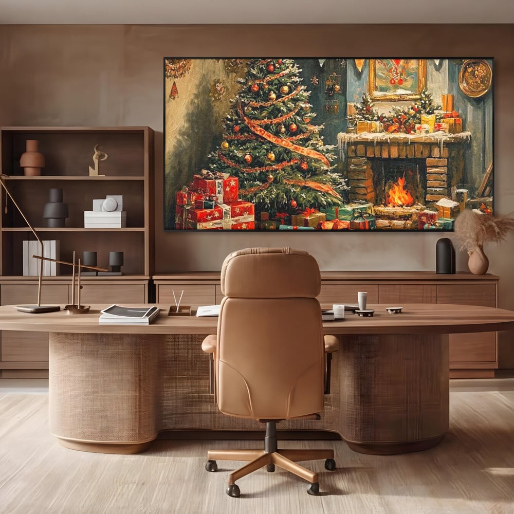 Tablou canvas cu pictura cu brad de craciun si semineu, in rama de aluminiu negru, pe perete intr-un birou