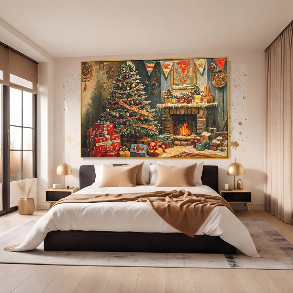 Tablou canvas cu pictura cu brad de craciun si semineu, in rama de aluminiu auriu, pe perete intr-un dormitor