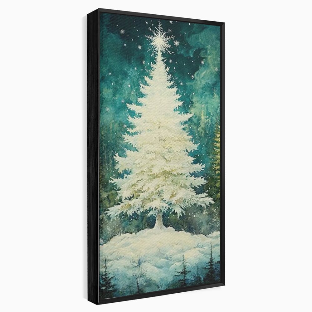 Tablou canvas cu pictura cu brad alb inzapezit, in rama de aluminiu negru