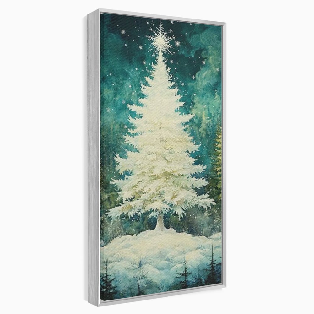 Tablou canvas cu pictura cu brad alb inzapezit, in rama de aluminiu argintiu