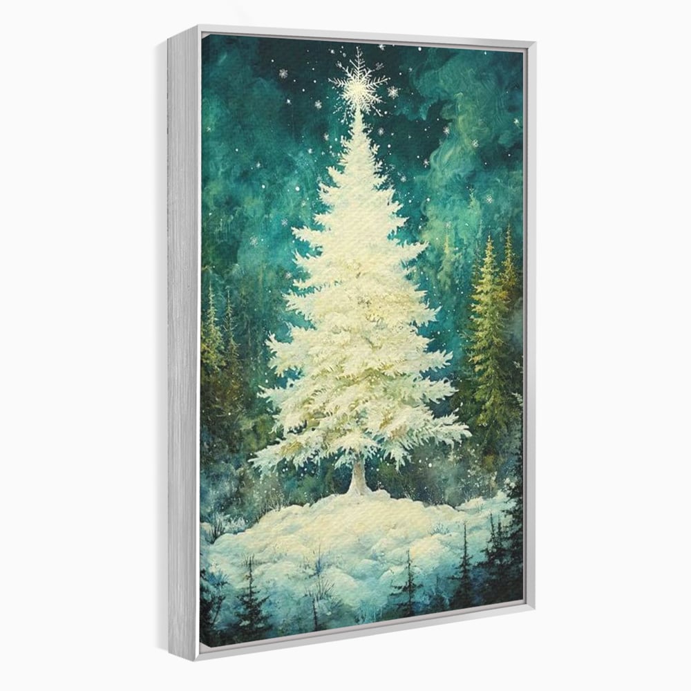 Tablou canvas cu pictura cu brad alb inzapezit, in rama de aluminiu argintiu