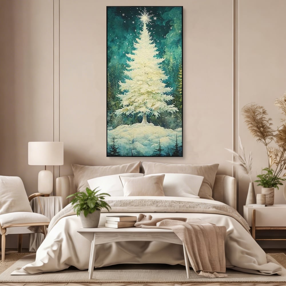 Tablou canvas cu pictura cu brad alb inzapezit, in rama de aluminiu negru, pe perete intr-un dormitor