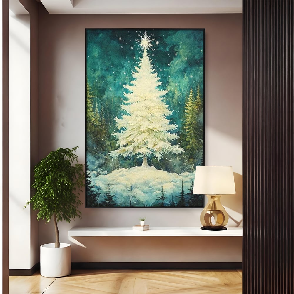 Tablou canvas cu pictura cu brad alb inzapezit, in rama de aluminiu negru