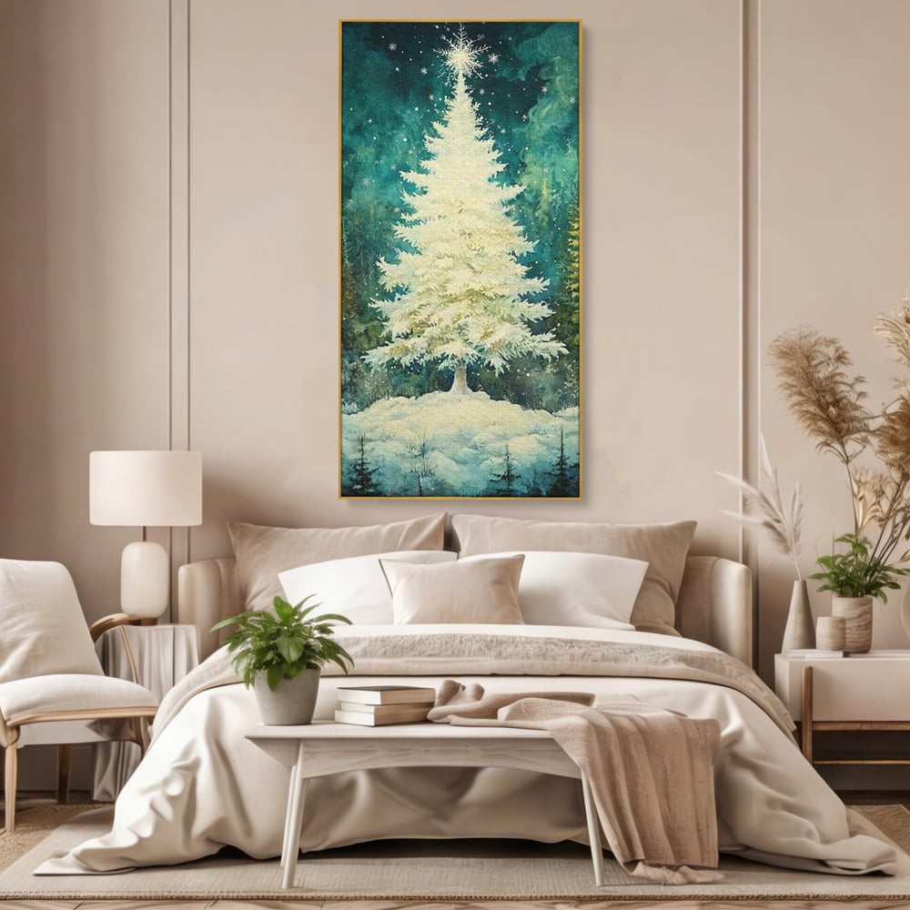 Tablou canvas cu pictura cu brad alb inzapezit, in rama de aluminiu auriu, pe perete intr-un dormitor