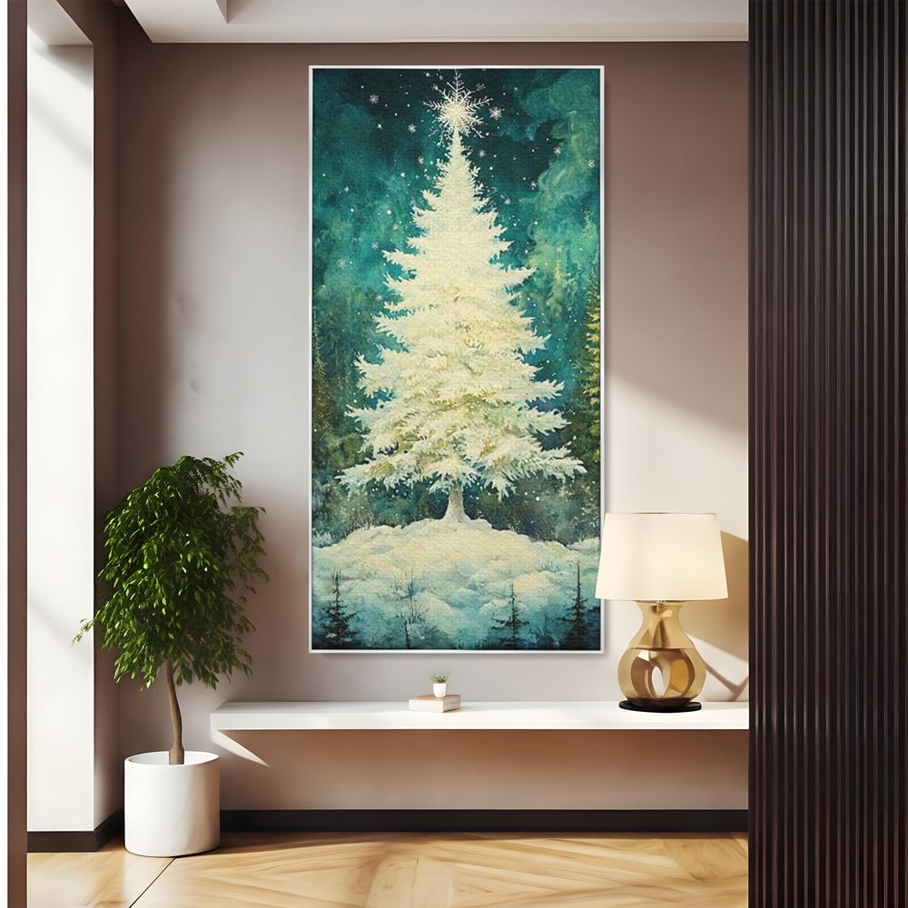 Tablou canvas cu pictura cu brad alb inzapezit, in rama de aluminiu argintiu