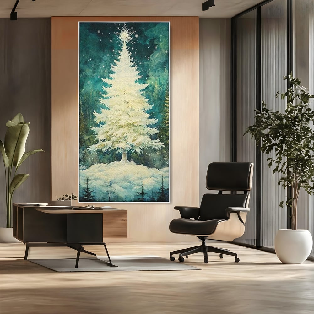 Tablou canvas cu pictura cu brad alb inzapezit, in rama de aluminiu argintiu, pe perete intr-un birou