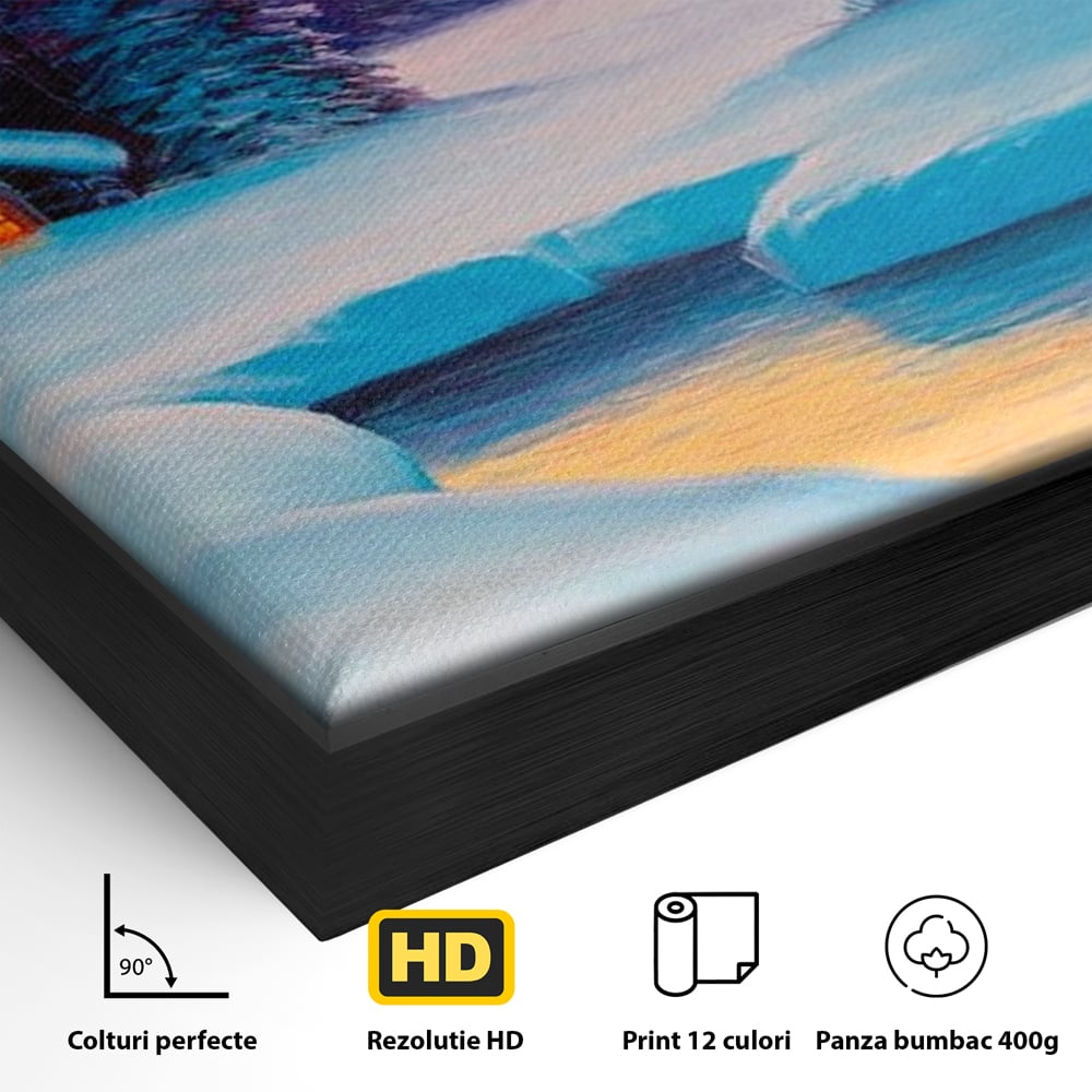 Detaliu al suprafetei: pictura cu cabana inzapezita si parau, in rama de aluminiu negru