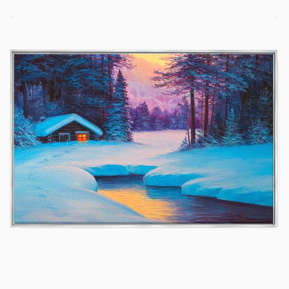 Tablou canvas cu pictura cu cabana inzapezita si parau, in rama de aluminiu argintiu