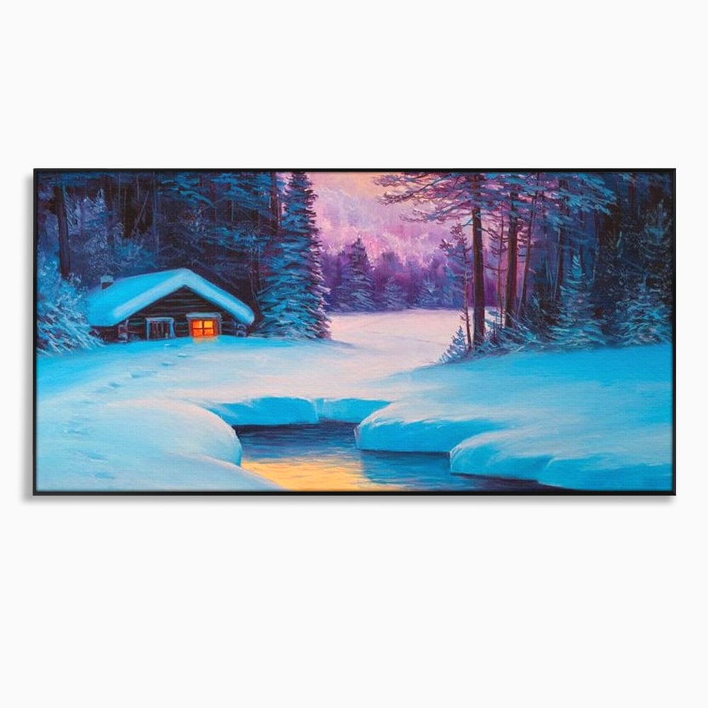 Tablou canvas cu pictura cu cabana inzapezita si parau, in rama de aluminiu negru