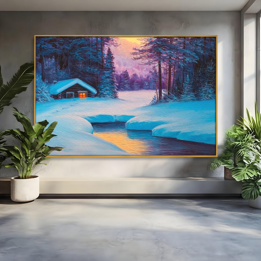 Tablou canvas cu pictura cu cabana inzapezita si parau, in rama de aluminiu auriu