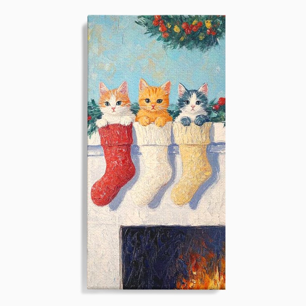 Tablou canvas cu tablou canvas cu pisicute in sosete de craciun, fara rama, pe sasiu de lemn