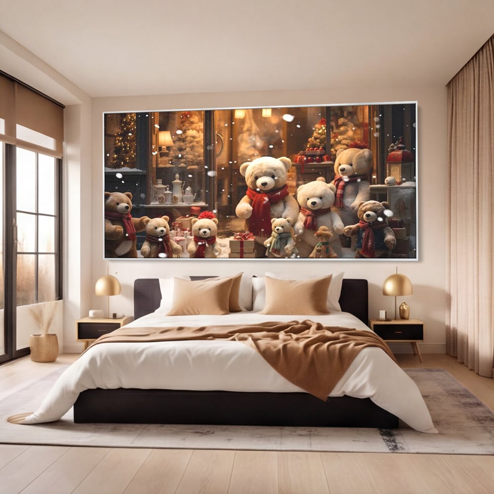 Tablou canvas cu tablou canvas cu ursuleti de craciun, in rama de aluminiu argintiu, pe perete intr-un dormitor