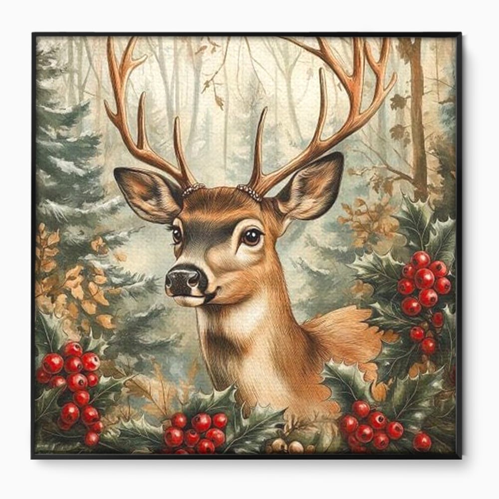 Tablou canvas cu ilustratie digitala cu cerb si crengi de brad, in rama de aluminiu negru