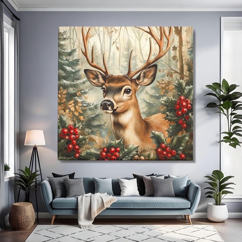 Tablou canvas cu ilustratie digitala cu cerb si crengi de brad, fara rama, pe sasiu de lemn, pe perete intr-un living