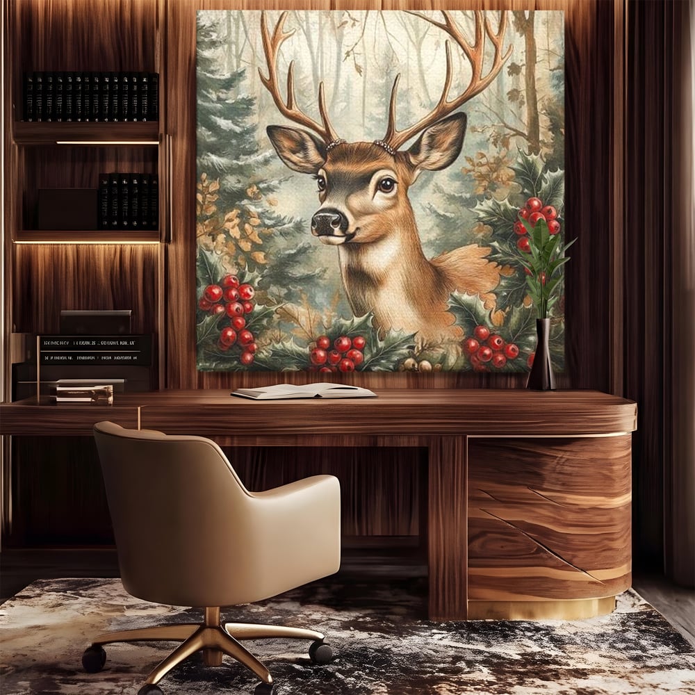 Tablou canvas cu ilustratie digitala cu cerb si crengi de brad, fara rama, pe sasiu de lemn, pe perete intr-un birou